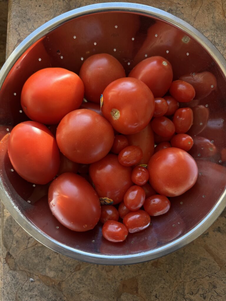 overhead shot of tomatoes in a strainer