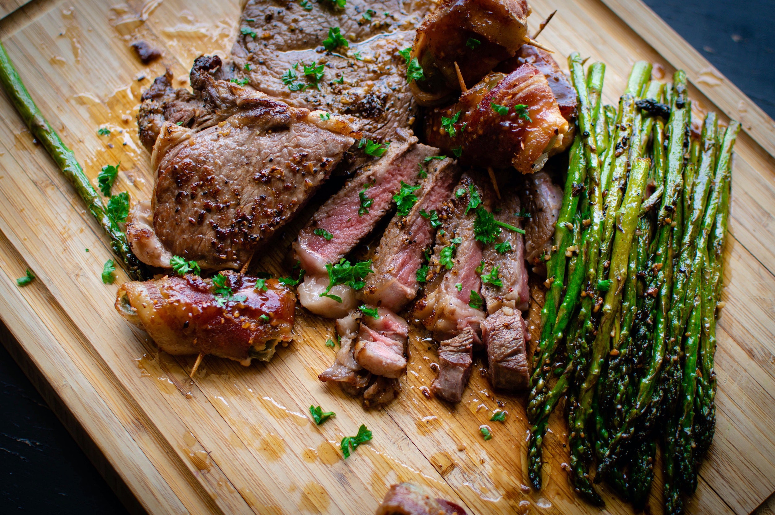 Rib-Eye Steaks with Pistachio Butter and Grilled Asparagus