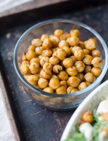 overhead photo of chickpeas in round bowl on tray