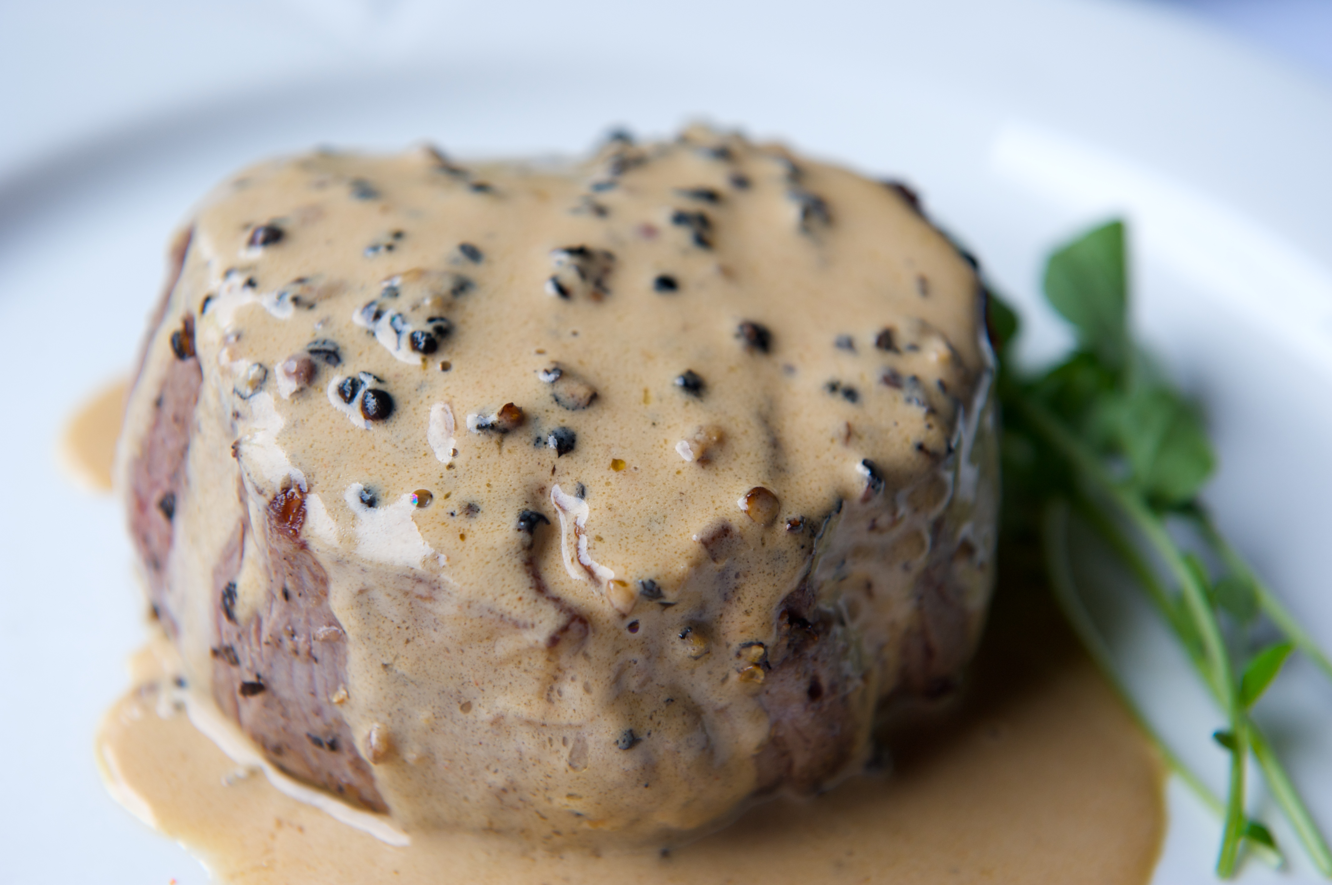 Steak Au Poivre, Haricots Vert with Herb Butter, Au Gratin Potatoes