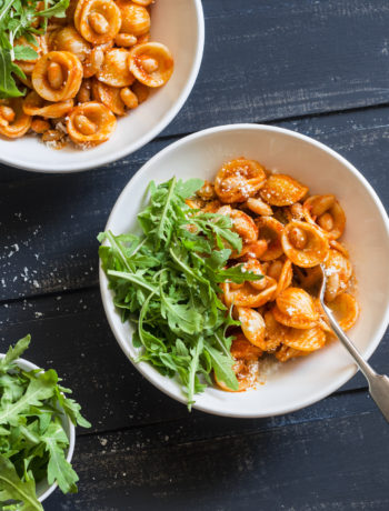 overhead of orecchiette pasta tossed in a shallot and cherry tomato sauce with a side arugula salad