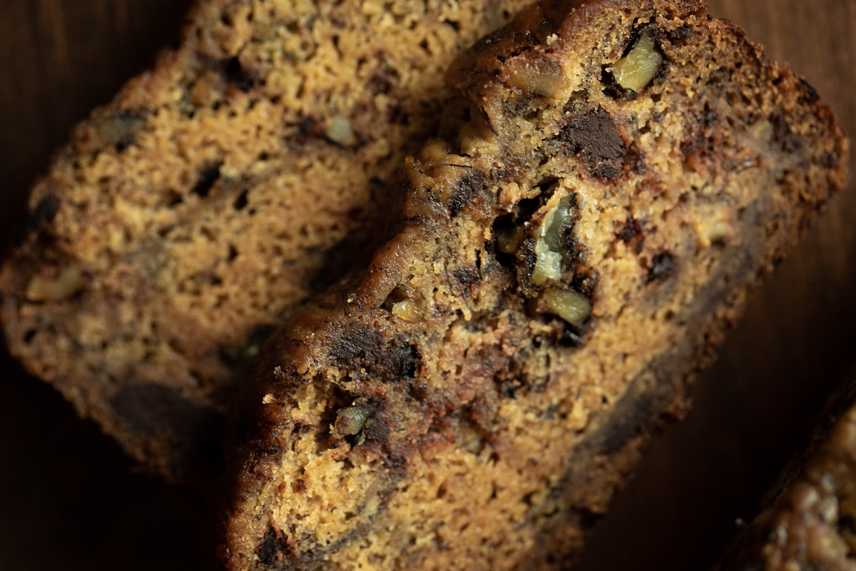 Closeup Overhead photo of Chocolate Chunk Banana Bread