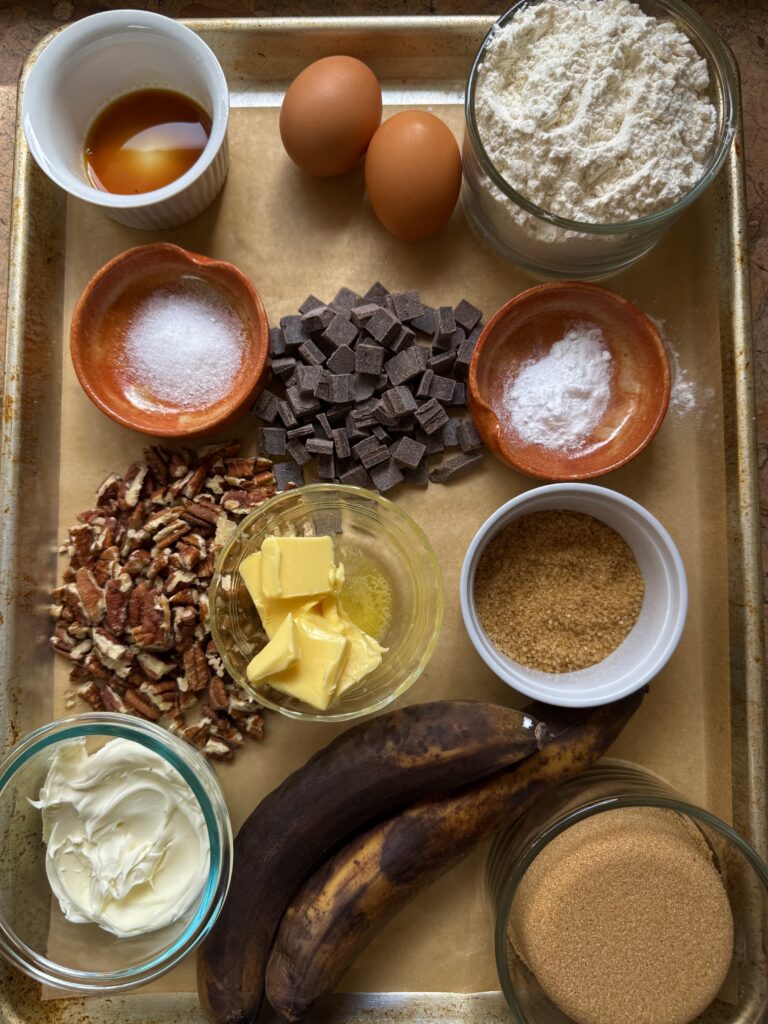 Overhead photo of ingredients for Chocolate Chunk Banana Bread