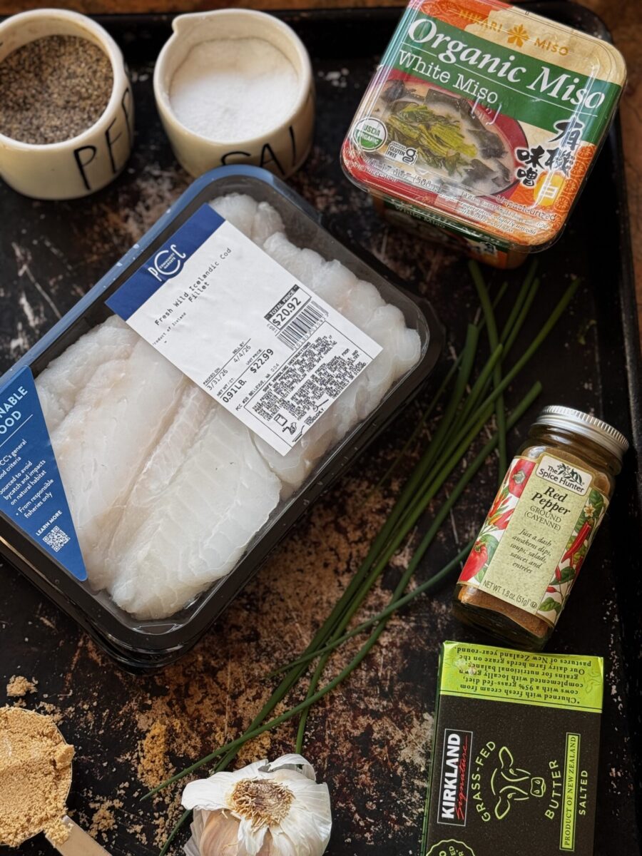 overhead photo of all miso cod ingredients
