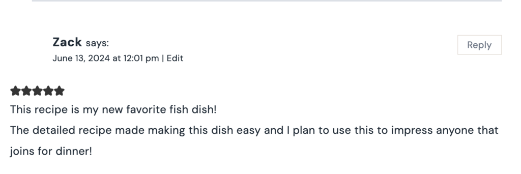screenshot of a positive review for this miso cod recipe stating it's his new favorite recipe