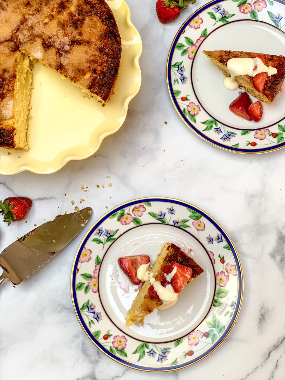 citrus olive oil cake with sweetened strawberries and whipped ricotta