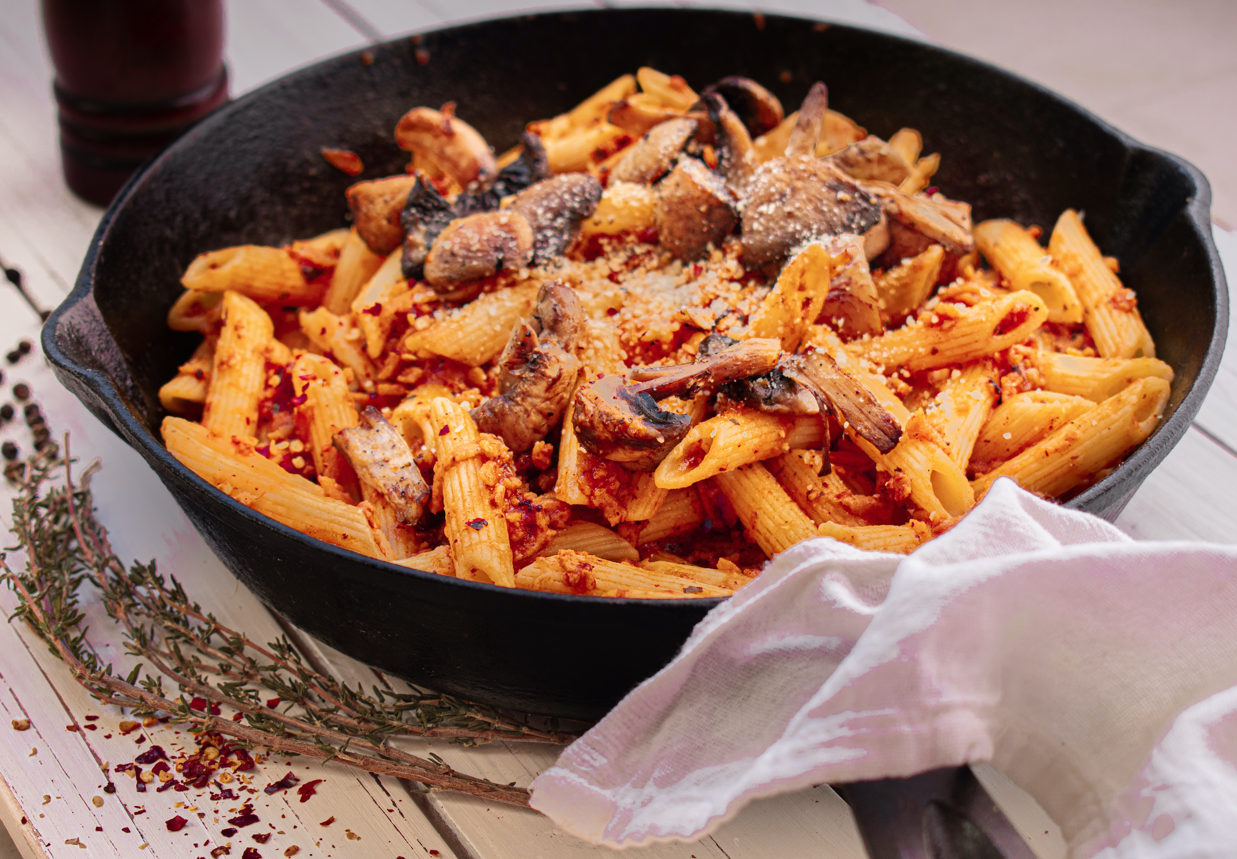 Ziti with Portobello Mushrooms, Caramelized Onions, and Goat Cheese