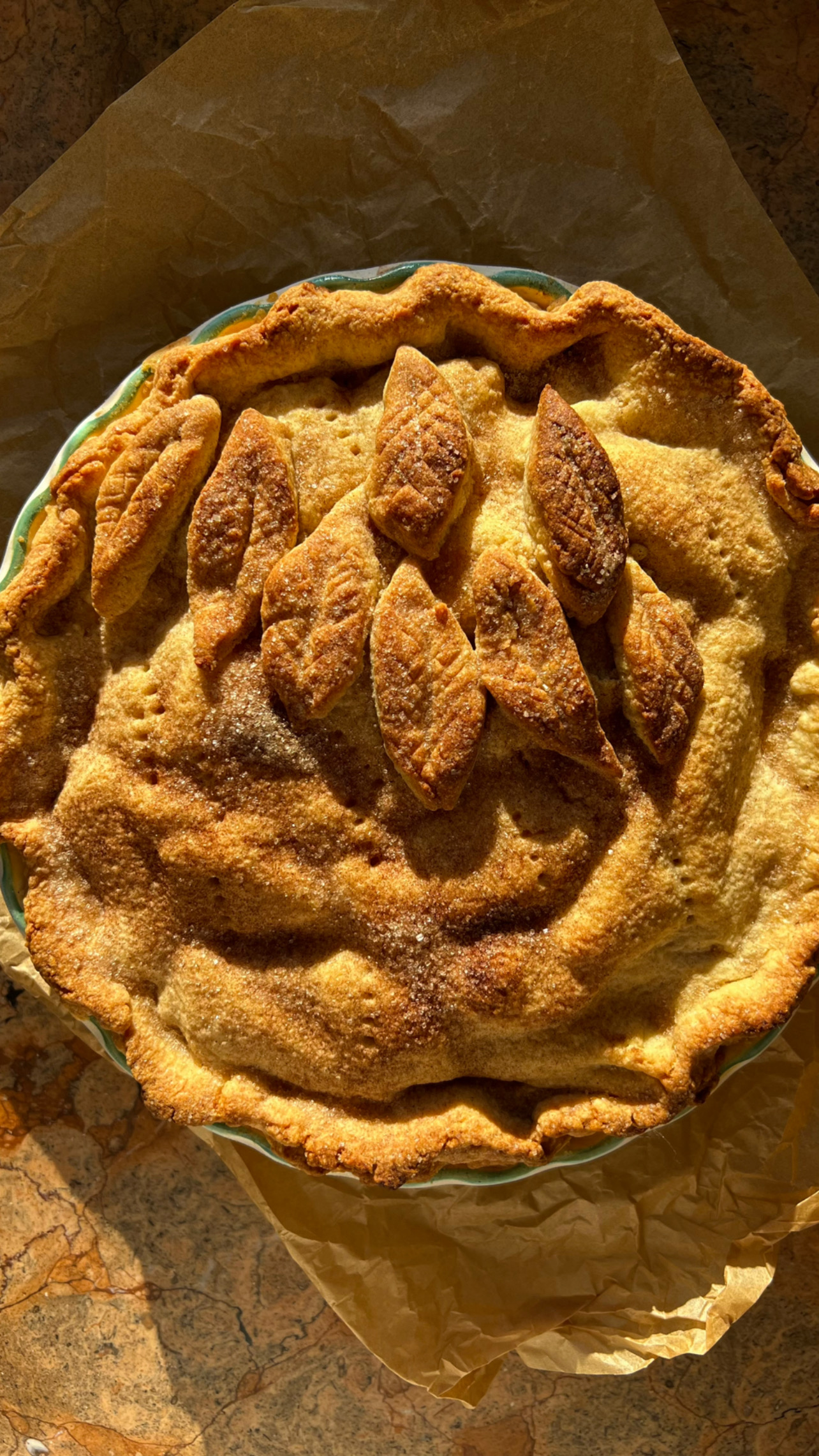 overhead of apple pie with sun shining on the crust decorated with leaves