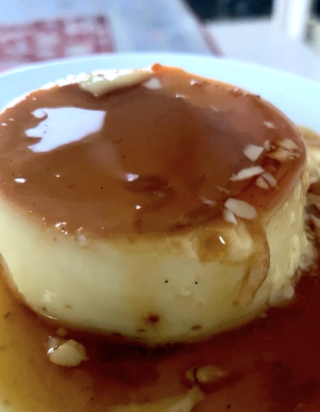 Side view of creme caramel on a plate with caramel sauce