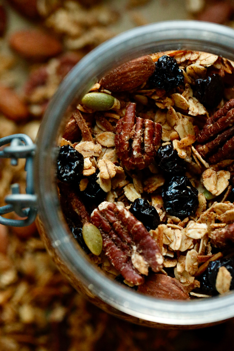 Overhead photo of granola in mason jar
