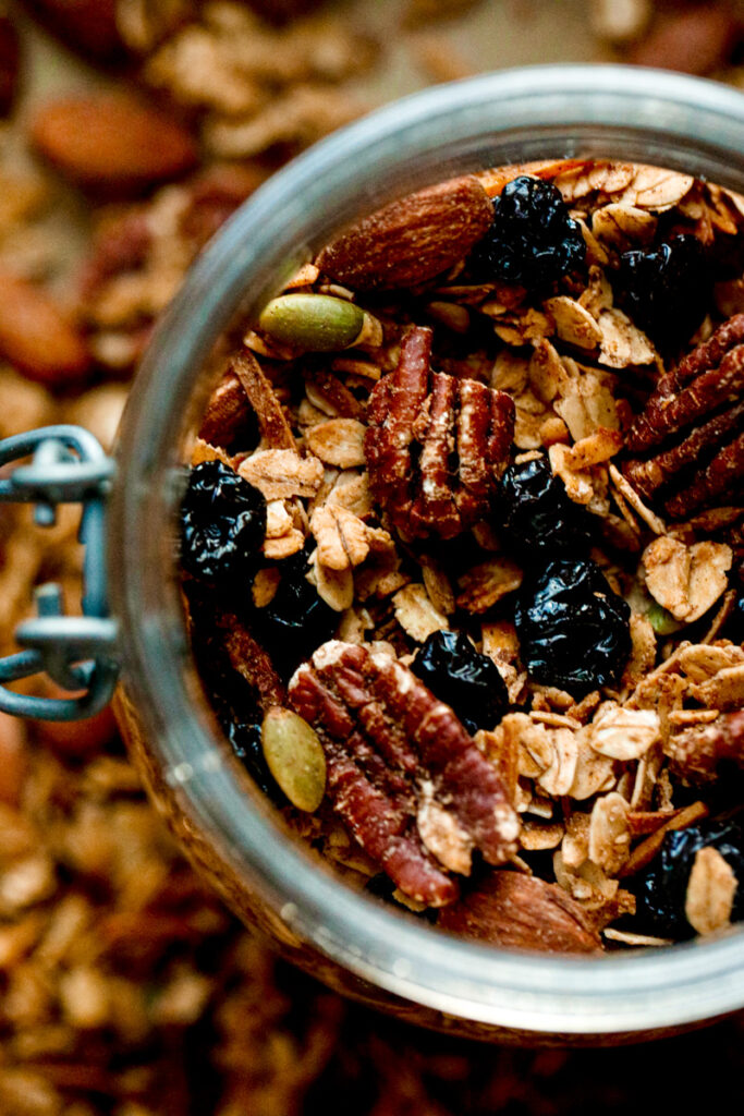 Overhead photo of granola in mason jar