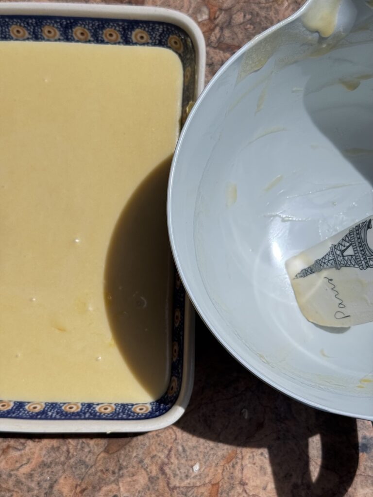 overhead photo of blackberry dump cake batter in baking dish next to empty mixing bowl