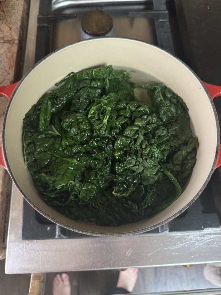 Overhead photo of blanched kale in water in pot in stove